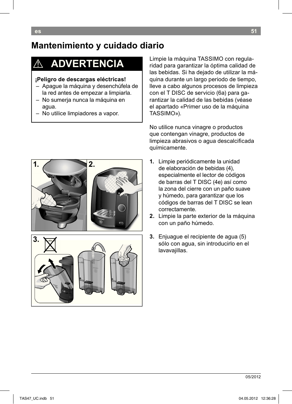 Advertencia, Mantenimiento y cuidado diario | Bosch Tassimo Hot Beverage System intenso User Manual | Page 53 / 66