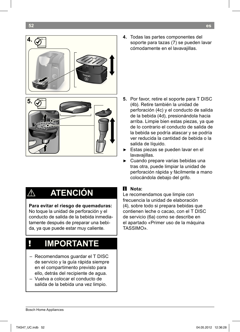 Atención, Importante | Bosch Tassimo Hot Beverage System intenso User Manual | Page 54 / 66