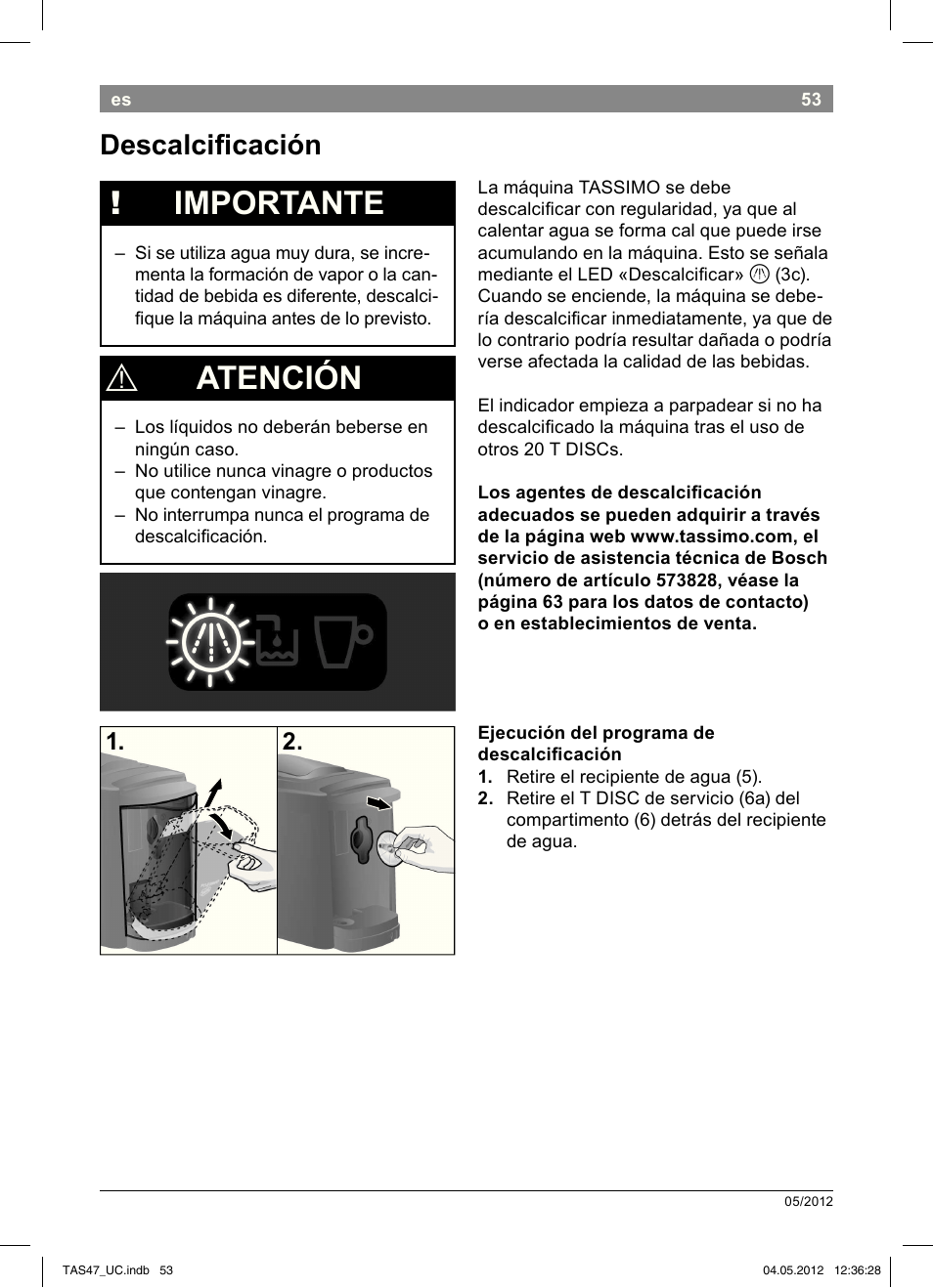 Importante, Atención, Descalcii cación | Bosch Tassimo Hot Beverage System intenso User Manual | Page 55 / 66