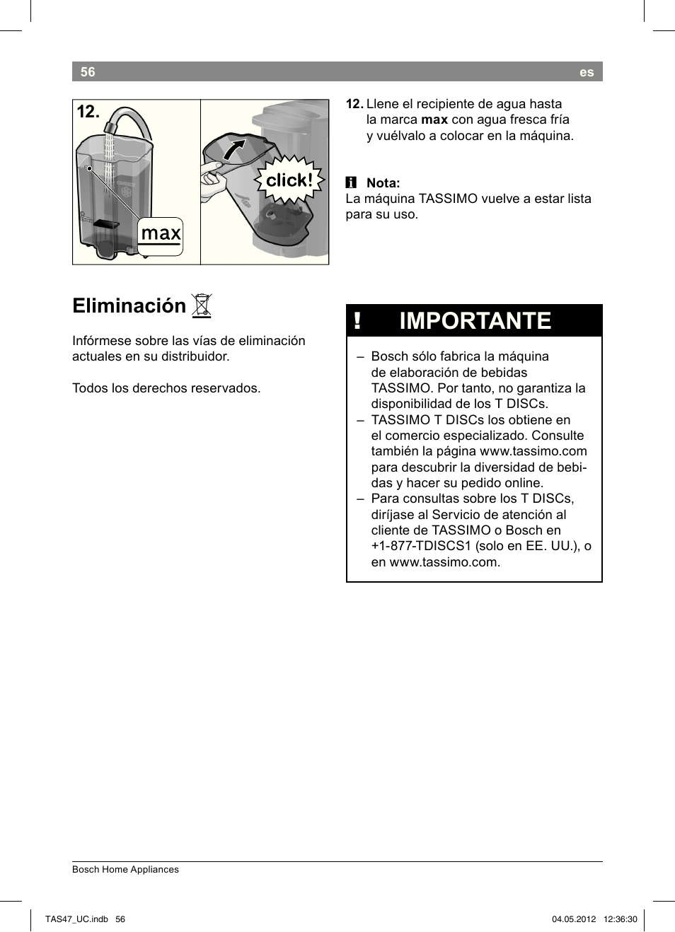 Importante, Eliminación | Bosch Tassimo Hot Beverage System intenso User Manual | Page 58 / 66