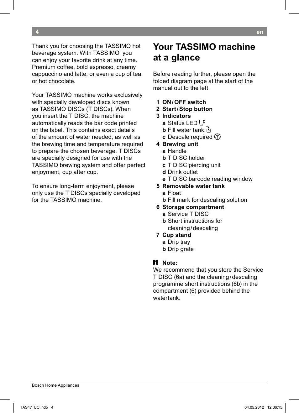 Your tassimo machine at a glance | Bosch Tassimo Hot Beverage System intenso User Manual | Page 6 / 66