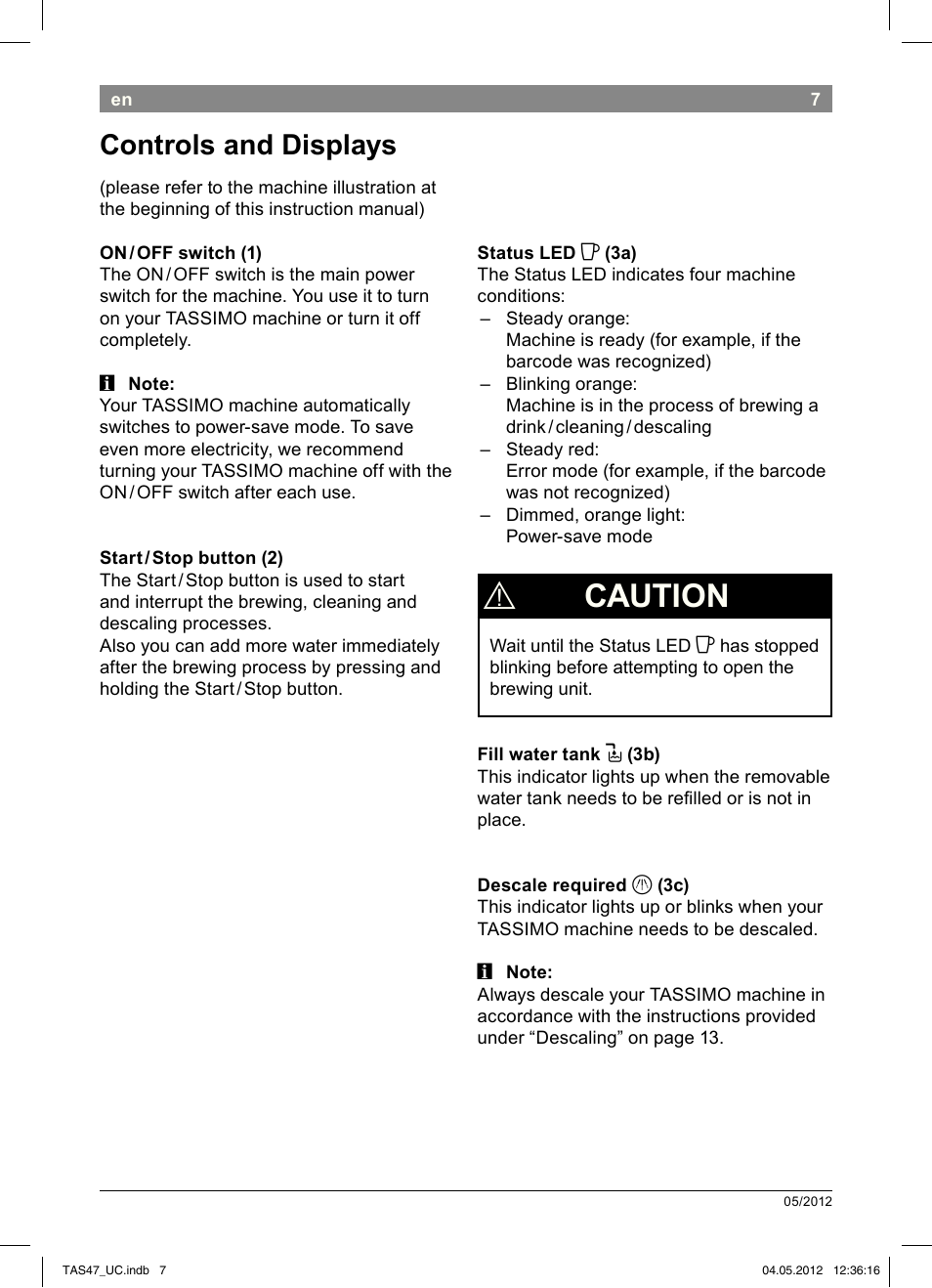 Caution, Controls and displays | Bosch Tassimo Hot Beverage System intenso User Manual | Page 9 / 66