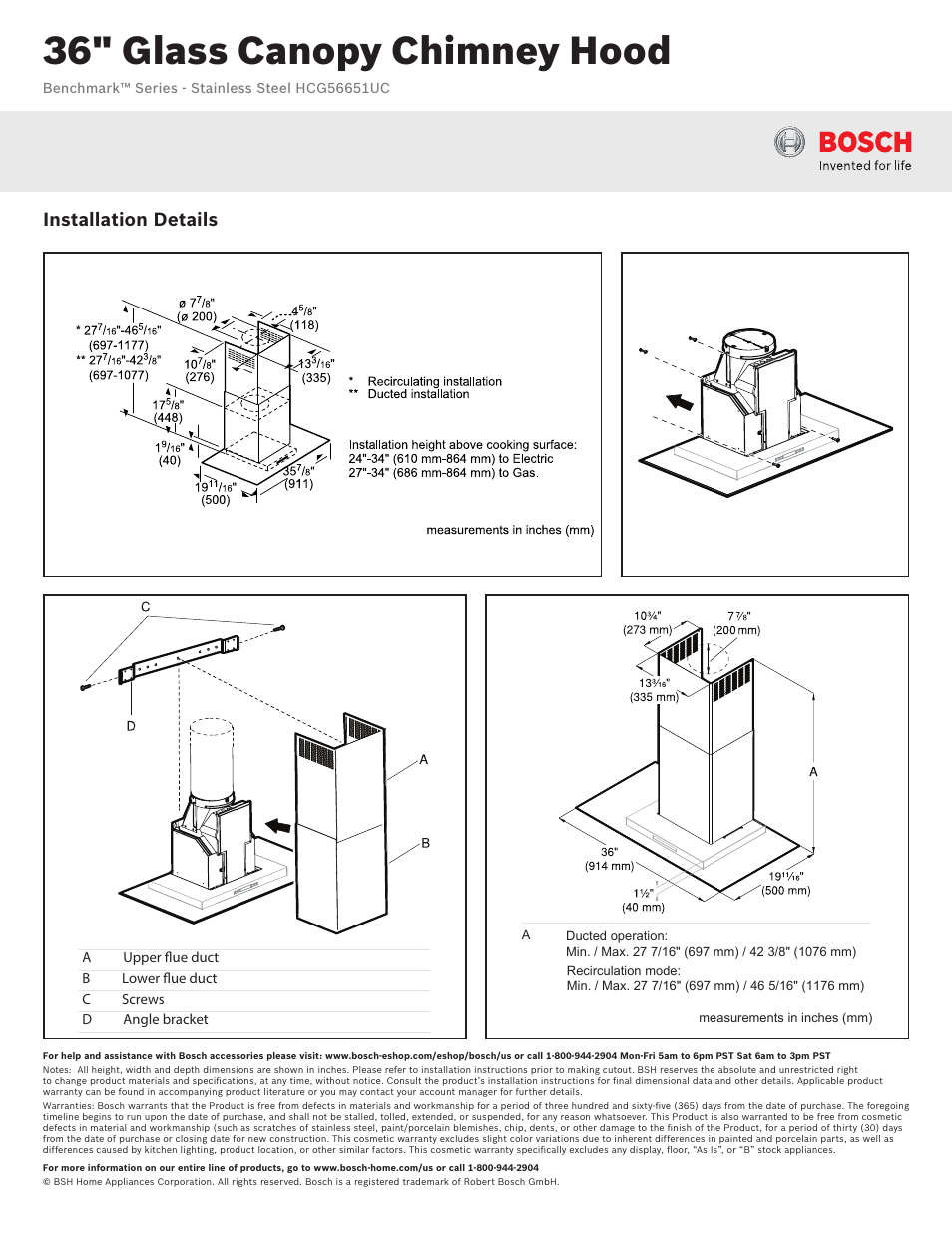 36" glass canopy chimney hood, Installation details | Bosch HCG56651UC User Manual | Page 2 / 2