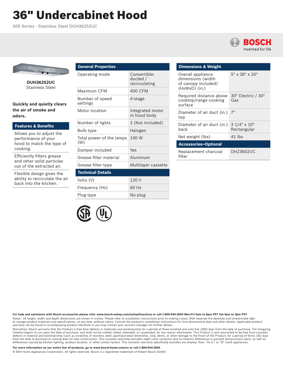 Bosch DUH36252UC User Manual | 2 pages