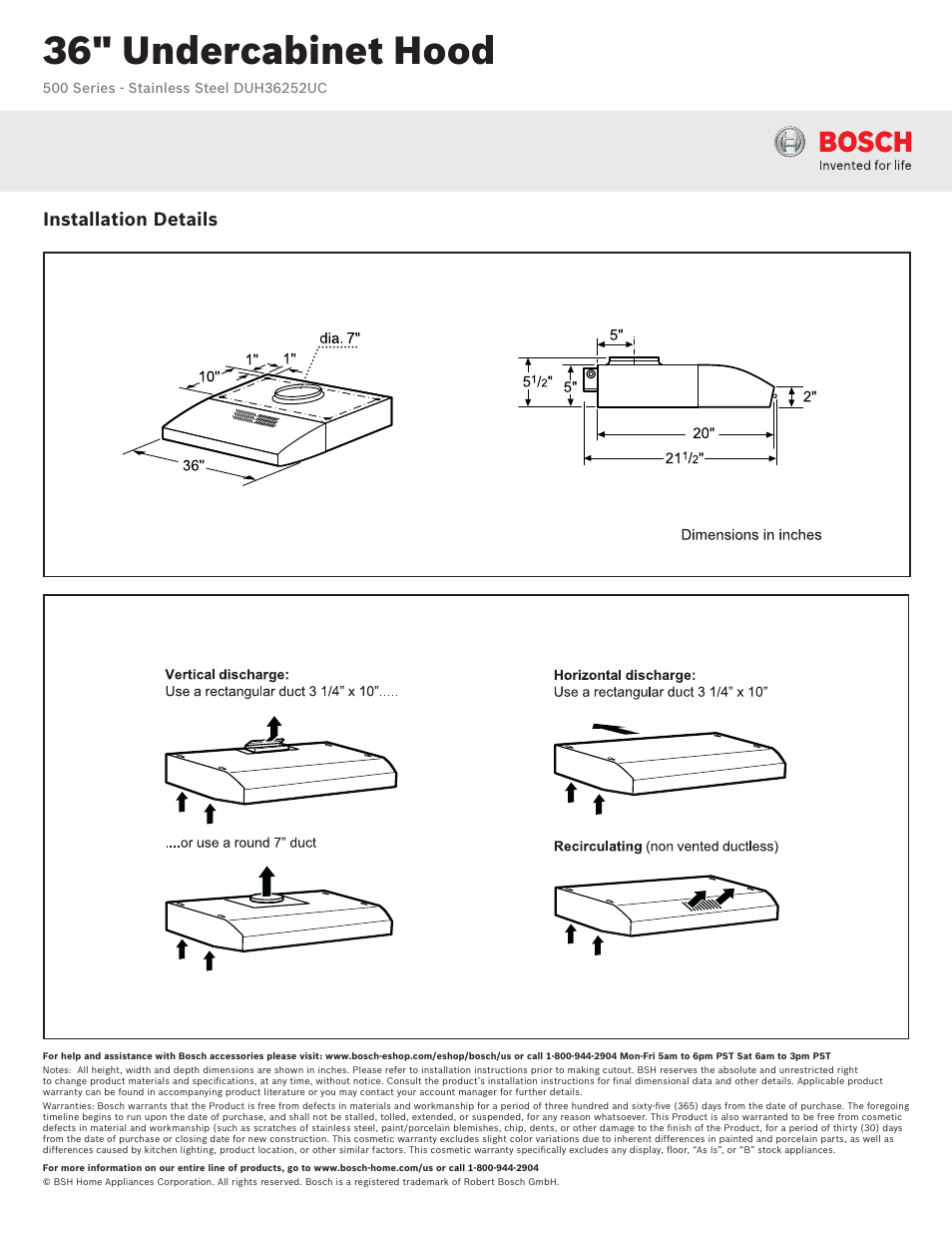 36" undercabinet hood, Installation details | Bosch DUH36252UC User Manual | Page 2 / 2