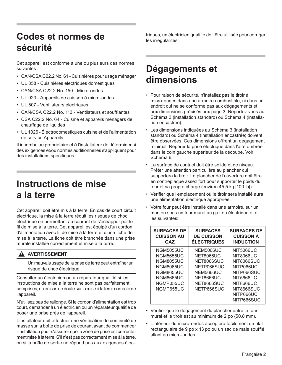 Codes et normes de sécurité, Instructions de mise a la terre, Dégagements et dimensions | Bosch HMD8451UC User Manual | Page 10 / 24
