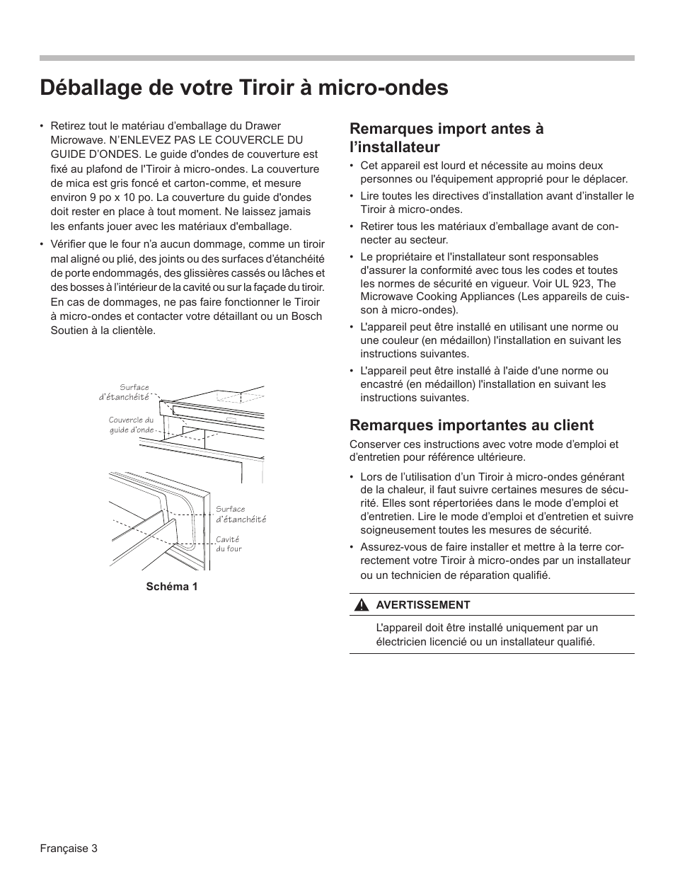 Déballage de votre tiroir à micro-ondes, Remarques import antes à l’installateur, Remarques importantes au client | Bosch HMD8451UC User Manual | Page 11 / 24
