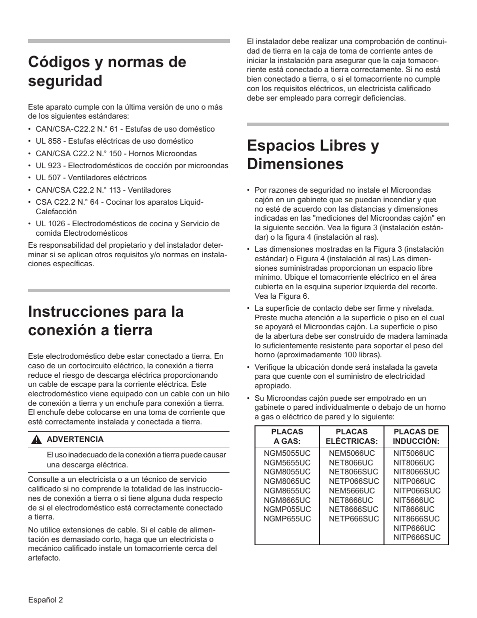 Códigos y normas de seguridad, Instrucciones para la conexión a tierra, Espacios libres y dimensiones | Bosch HMD8451UC User Manual | Page 17 / 24