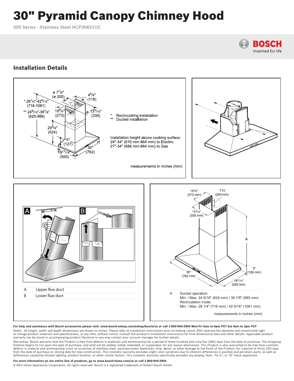 30" pyramid canopy chimney hood, Installation details | Bosch HCP30651UC User Manual | Page 2 / 2