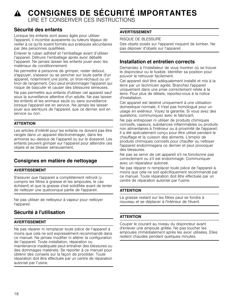 Sécurité des enfants, Attention, Consignes en matière de nettoyage | Avertissement, Sécurité à l'utilisation, Risque de blessure, Installation et entretien corrects, Consignes de sécurité importantes, Lire et conserver ces instructions | Bosch HCG56651UC User Manual | Page 18 / 40
