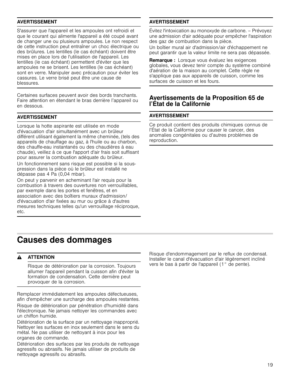 Avertissement, Remarque, Causes des dommages | 9 attention, Californie | Bosch HCG56651UC User Manual | Page 19 / 40