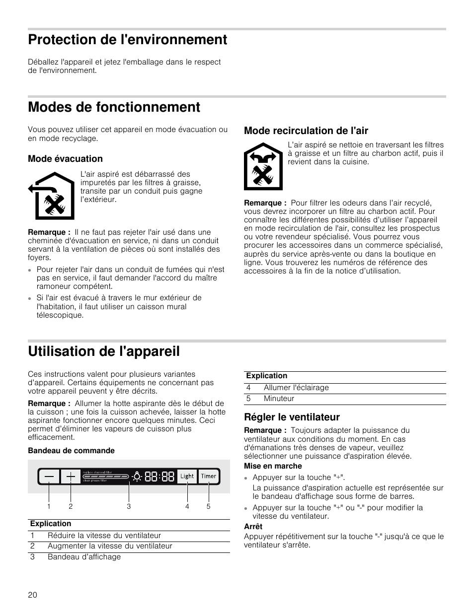 Protection de l'environnement, Modes de fonctionnement, Mode évacuation | Remarque, Mode recirculation de l'air, Utilisation de l'appareil, Bandeau de commande, Régler le ventilateur, Vironnement | Bosch HCG56651UC User Manual | Page 20 / 40