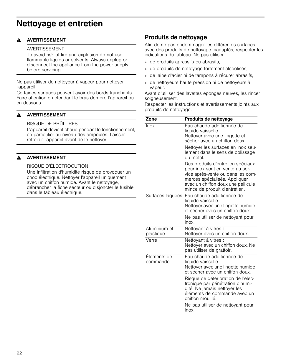 Nettoyage et entretien, 9 avertissement, Avertissement | Risque de brûlures, Risque d’électrocution, Produits de nettoyage, Tien | Bosch HCG56651UC User Manual | Page 22 / 40