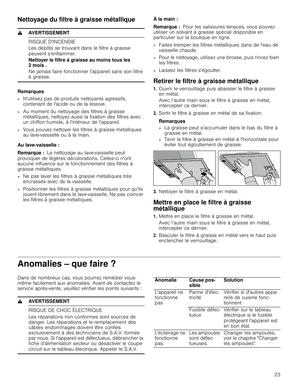 Nettoyage du filtre à graisse métallique, 9 avertissement, Risque d'incendie | Remarques, Au lave-vaisselle, Remarque, À la main, Retirer le filtre à graisse métallique, Sortir le filtre à graisse en métal de sa fixation, Nettoyer le filtre à graisse en métal | Bosch HCG56651UC User Manual | Page 23 / 40