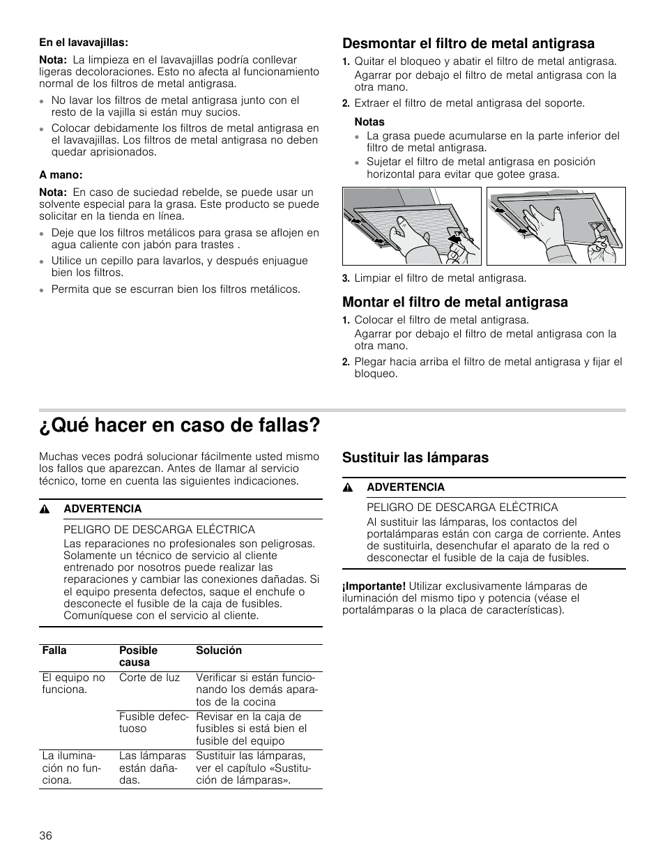 En el lavavajillas, Nota, A mano | Desmontar el filtro de metal antigrasa, Extraer el filtro de metal antigrasa del soporte, Notas, Limpiar el filtro de metal antigrasa, Montar el filtro de metal antigrasa, Colocar el filtro de metal antigrasa, Qué hacer en caso de fallas | Bosch HCG56651UC User Manual | Page 36 / 40