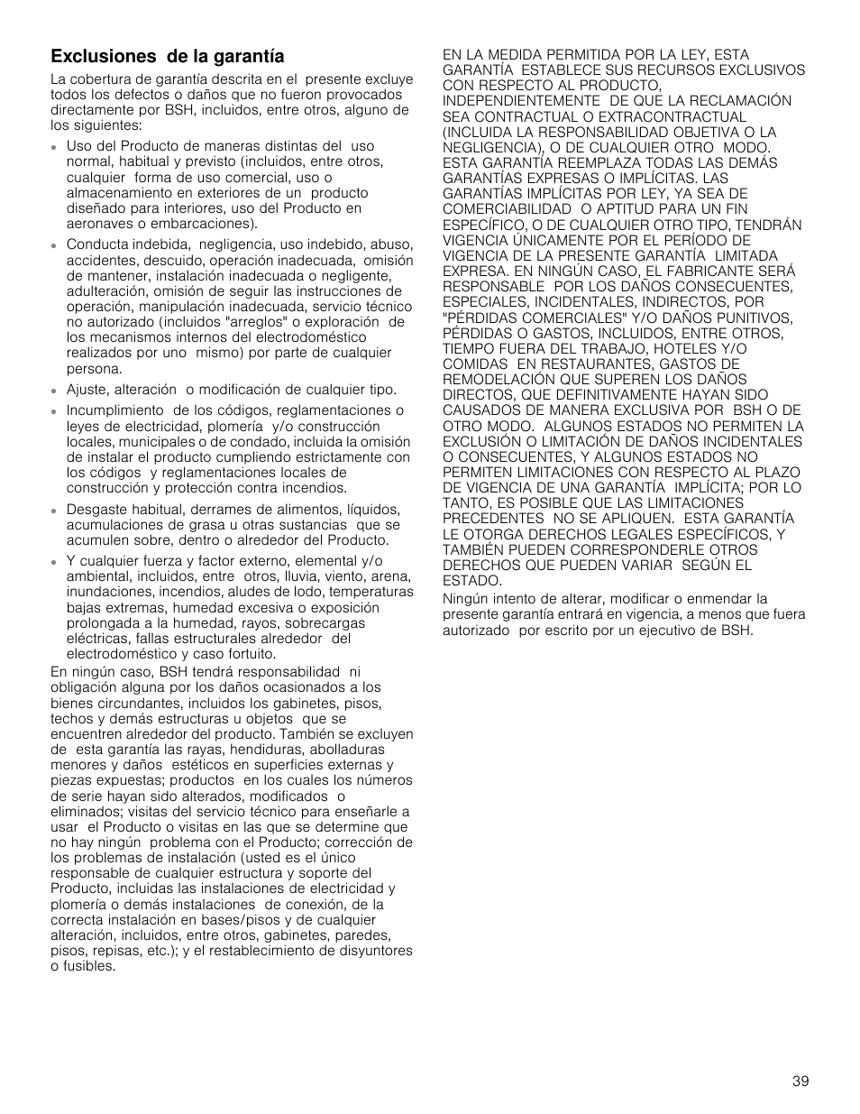 Exclusiones de la garantía | Bosch HCG56651UC User Manual | Page 39 / 40