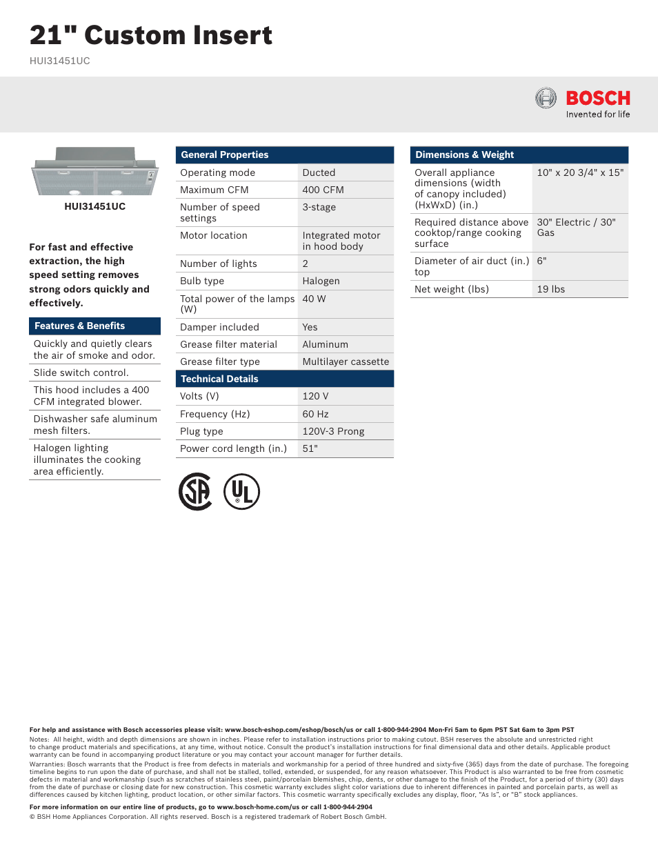 Bosch HUI31451UC User Manual | 2 pages