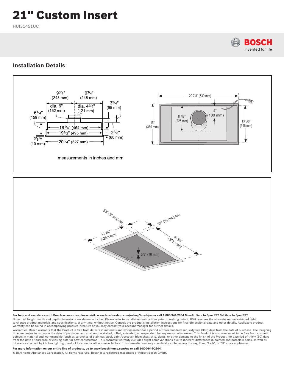 21" custom insert, Installation details | Bosch HUI31451UC User Manual | Page 2 / 2