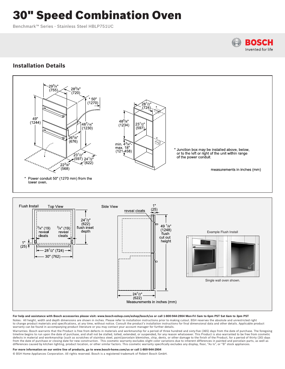 30" speed combination oven, Installation details | Bosch HBLP751UC User Manual | Page 2 / 3