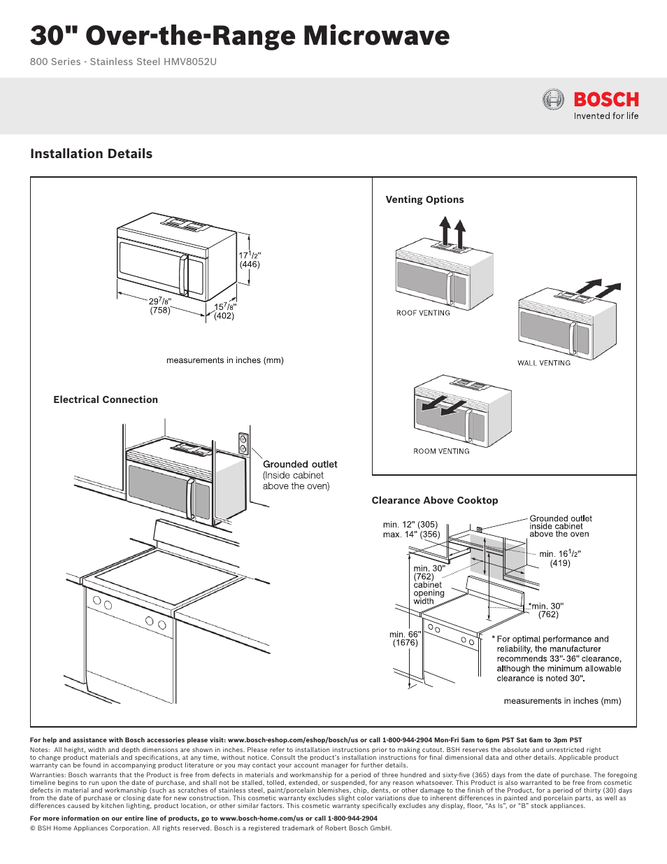 30" over-the-range microwave, Installation details | Bosch HMV8052U User Manual | Page 2 / 2