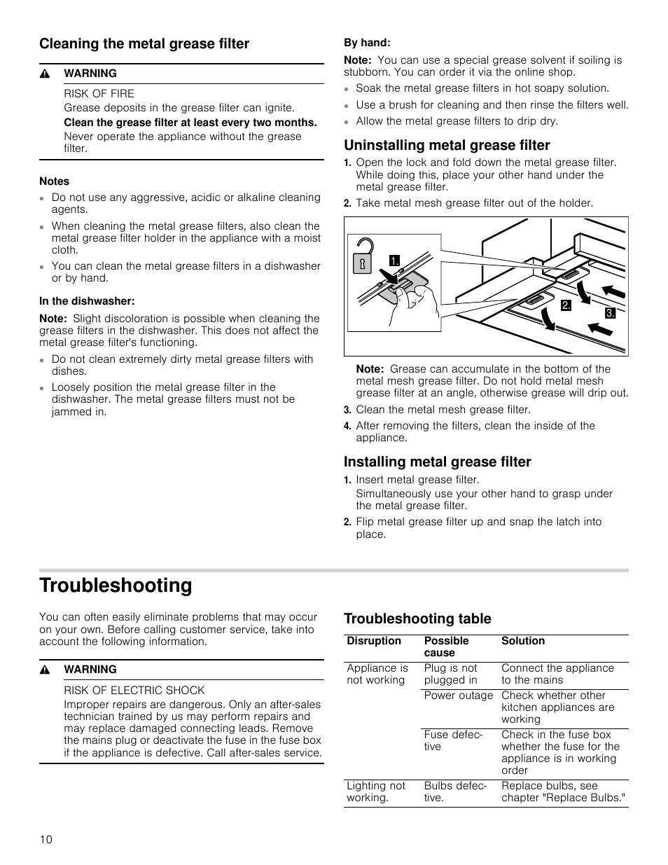 Cleaning the metal grease filter, 9 warning, Risk of fire | Notes, In the dishwasher, Note, By hand, Uninstalling metal grease filter, Take metal mesh grease filter out of the holder, Clean the metal mesh grease filter | Bosch HUI54451UC User Manual | Page 10 / 44