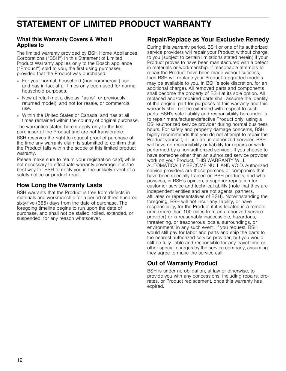 Statement of limited product warranty, What this warranty covers & who it applies to, How long the warranty lasts | Repair/replace as your exclusive remedy, Out of warranty product | Bosch HUI54451UC User Manual | Page 12 / 44