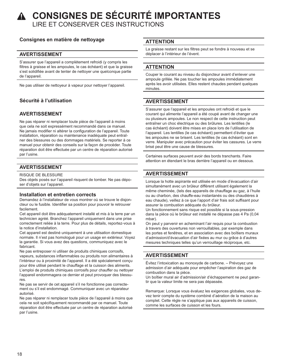 Avertissement, Risque d'incendie, Prévention des brûlures | Risque de brûlure, Sécurité des enfants, Attention, Consignes en matière de nettoyage, Sécurité à l'utilisation, Consignes de sécurité importantes, Lire et conserver ces instructions | Bosch HUI54451UC User Manual | Page 18 / 44