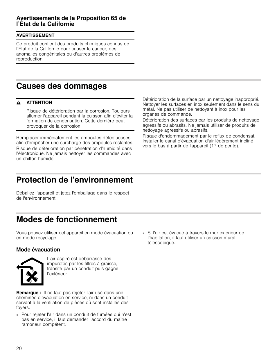 Avertissement, Causes des dommages, 9 attention | Protection de l'environnement, Modes de fonctionnement, Mode évacuation, Remarque, Californie, Vironnement, Onctionnement mode évacuation | Bosch HUI54451UC User Manual | Page 20 / 44