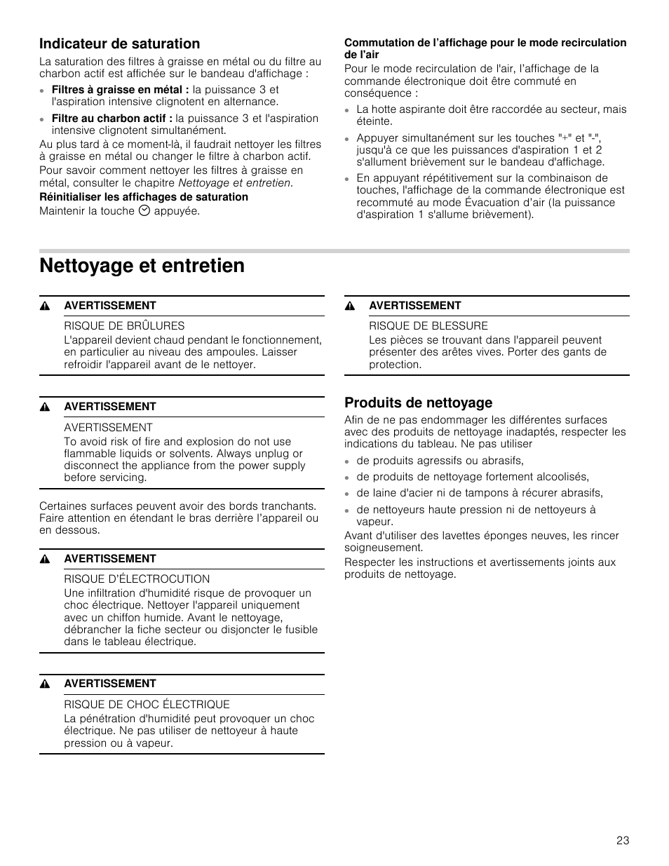 Indicateur de saturation, Nettoyage et entretien, 9 avertissement | Risque de brûlures, Avertissement, Risque d’électrocution, Risque de choc électrique, Risque de blessure, Produits de nettoyage, Tien | Bosch HUI54451UC User Manual | Page 23 / 44