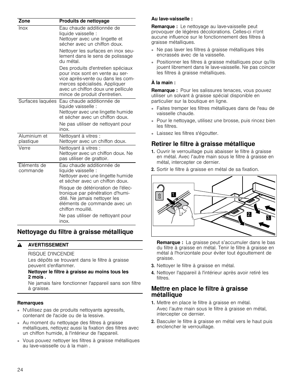 Nettoyage du filtre à graisse métallique, 9 avertissement, Risque d'incendie | Remarques, Au lave-vaisselle, Remarque, À la main, Retirer le filtre à graisse métallique, Sortir le filtre à graisse en métal de sa fixation, Nettoyer le filtre à graisse en métal | Bosch HUI54451UC User Manual | Page 24 / 44