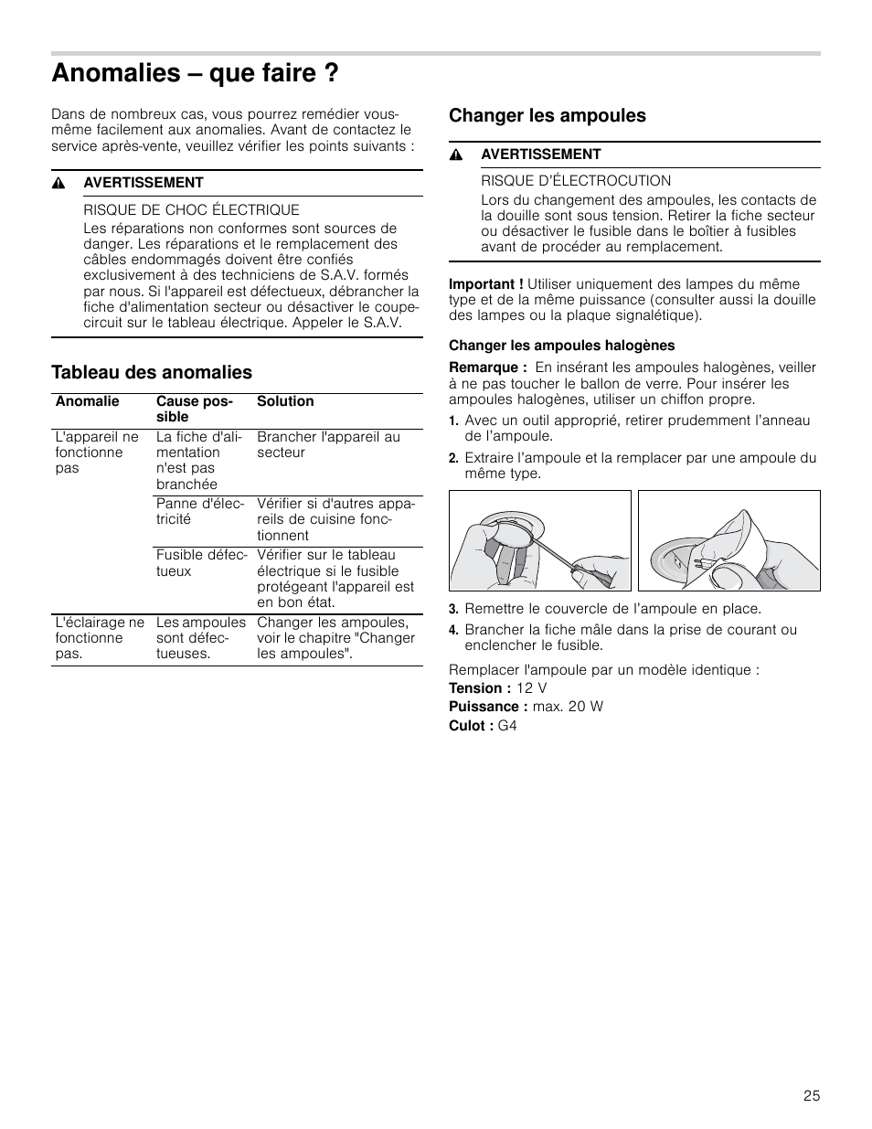 Anomalies – que faire, 9 avertissement, Risque de choc électrique | Tableau des anomalies, Changer les ampoules, Risque d’électrocution, Changer les ampoules halogènes, Remarque, Remettre le couvercle de l’ampoule en place | Bosch HUI54451UC User Manual | Page 25 / 44