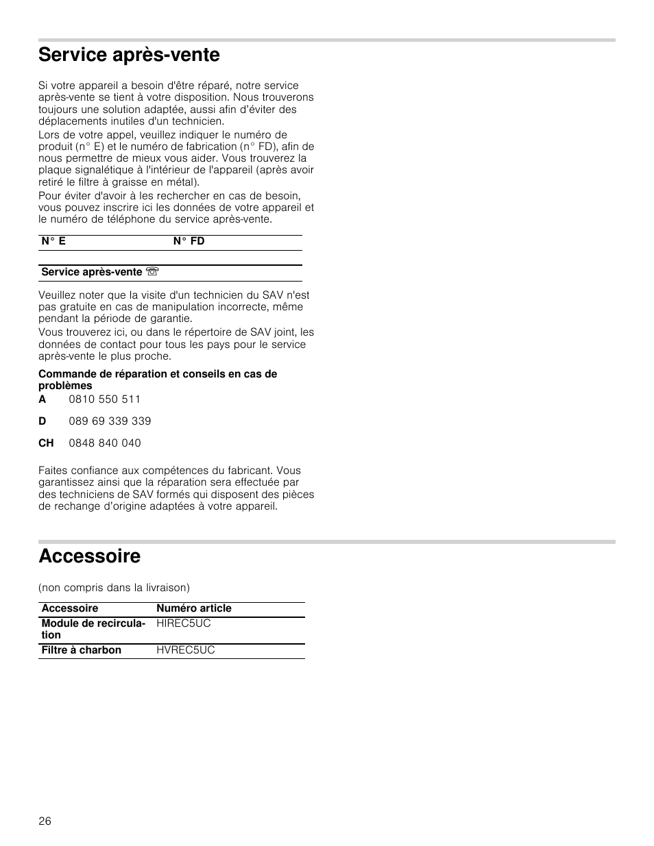 Service après-vente, Accessoire, Ente | Ccessoire | Bosch HUI54451UC User Manual | Page 26 / 44