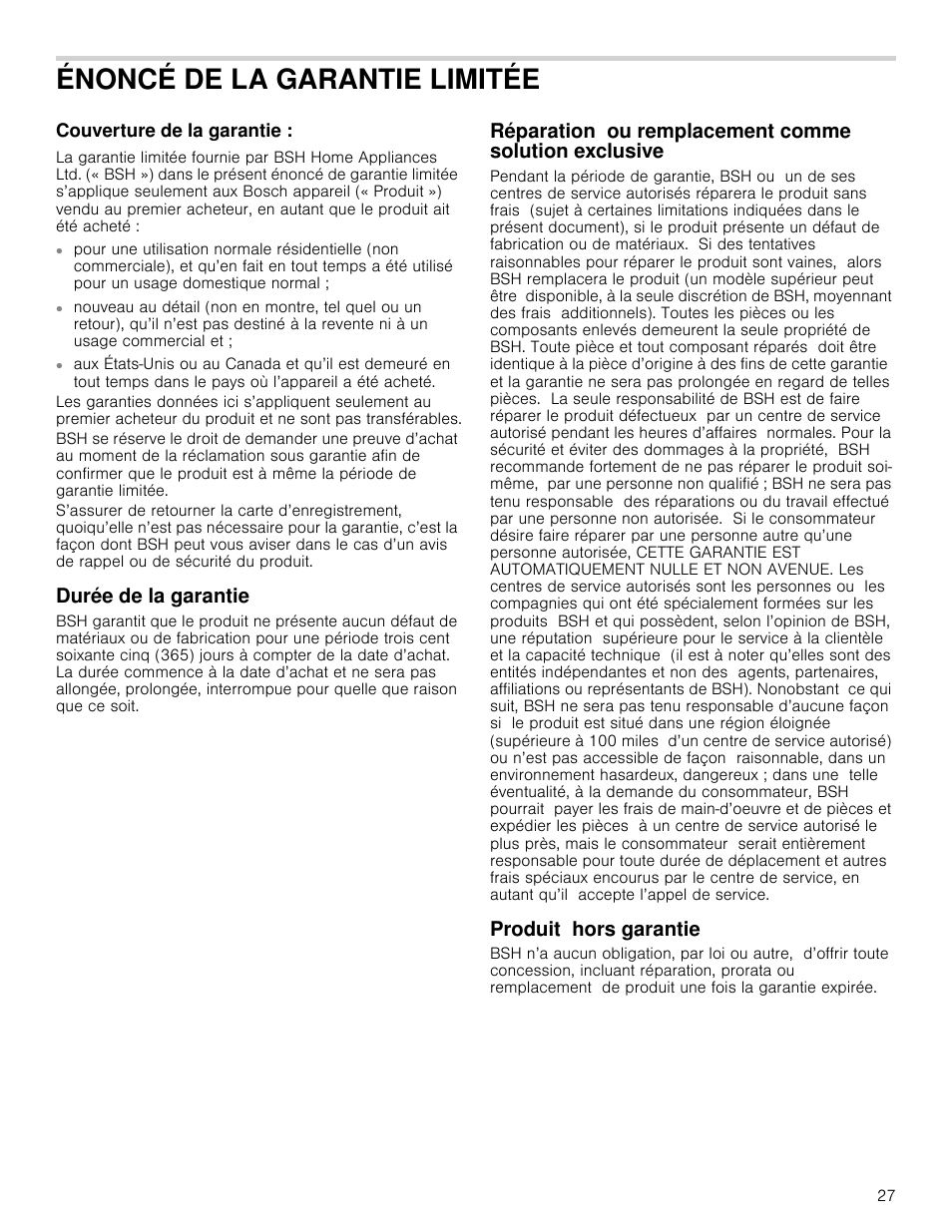 Énoncé de la garantie limitée, Couverture de la garantie, Durée de la garantie | Produit hors garantie, Exclusive 27 produit hors garantie | Bosch HUI54451UC User Manual | Page 27 / 44