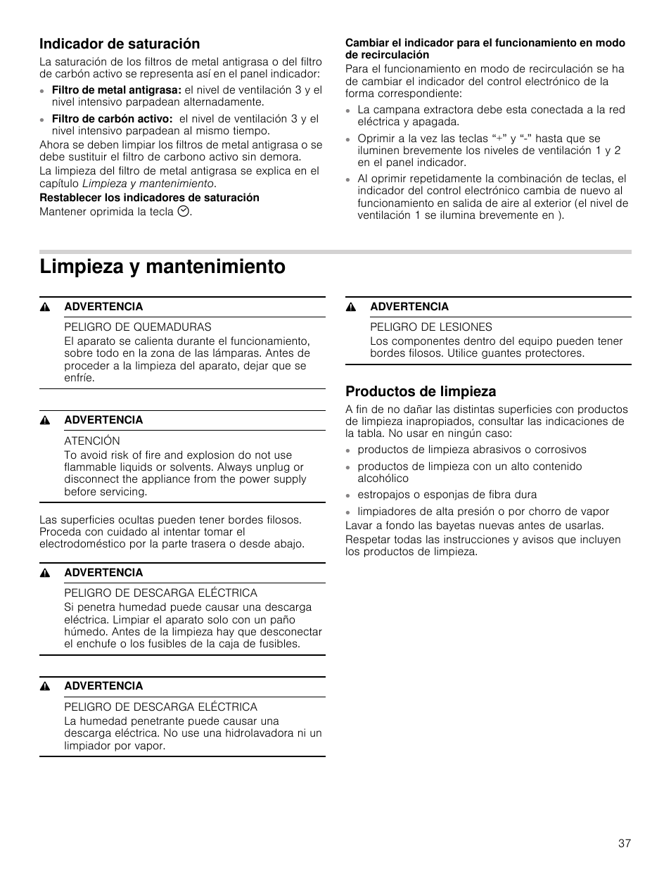 Indicador de saturación, Limpieza y mantenimiento, 9 advertencia | Peligro de quemaduras, Atención, Peligro de descarga eléctrica, Peligro de lesiones, Productos de limpieza | Bosch HUI54451UC User Manual | Page 37 / 44