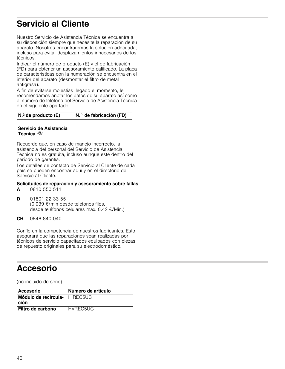 Servicio al cliente, Accesorio, Vicio al cliente | Bosch HUI54451UC User Manual | Page 40 / 44