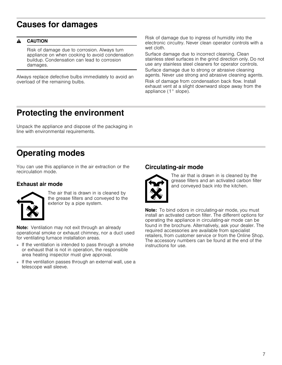 State of california proposition 65 warnings, Warning, Causes for damages | 9 caution, Protecting the environment, Operating modes, Exhaust air mode, Note, Circulating-air mode, Vironment | Bosch HUI54451UC User Manual | Page 7 / 44