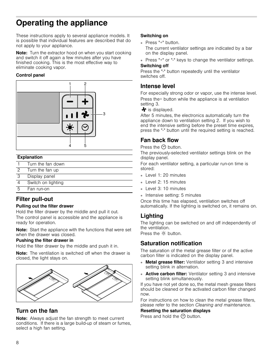 Operating the appliance, Note, Control panel | Filter pull-out, Turn on the fan, Intense level, Fan back flow, Lighting, Saturation notification | Bosch HUI54451UC User Manual | Page 8 / 44