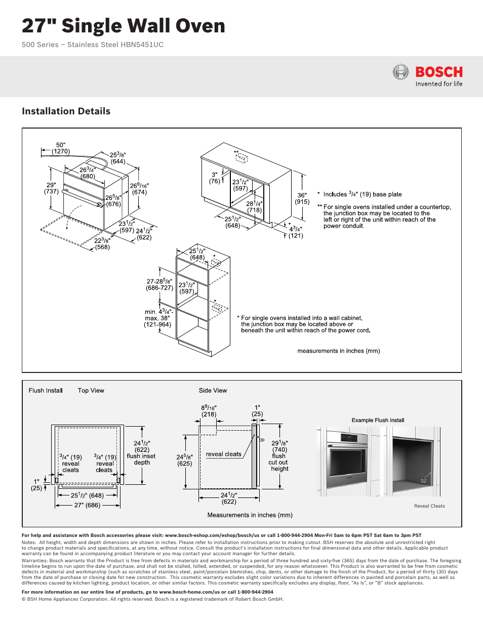 27" single wall oven, Installation details | Bosch HBN5451UC User Manual | Page 2 / 3