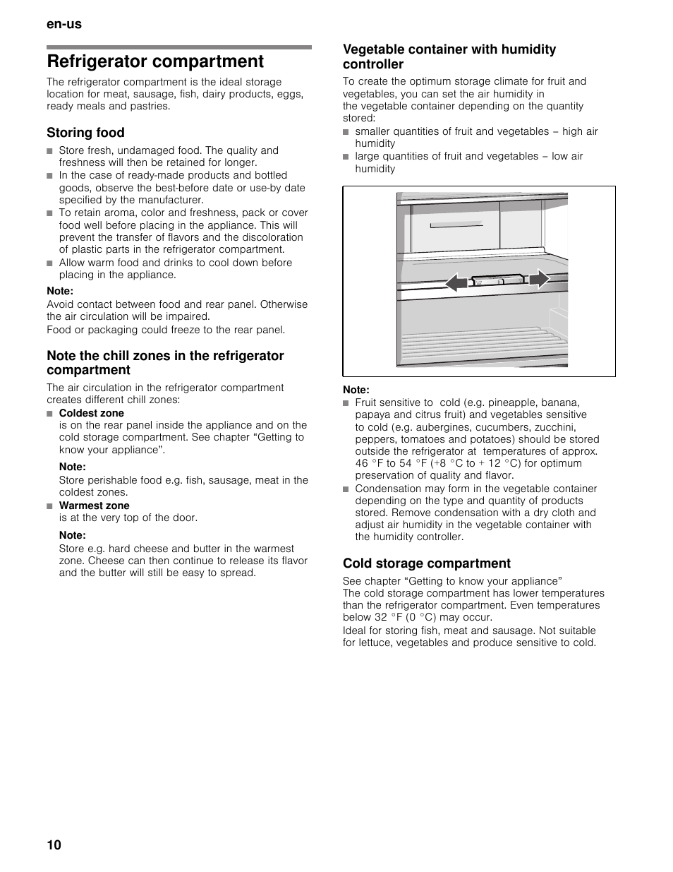 Refrigerator compartment, Storing food, Note | Vegetable container with humidity controller, Cold storage compartment, En-us 10 | Bosch B11CB50SSS User Manual | Page 10 / 55
