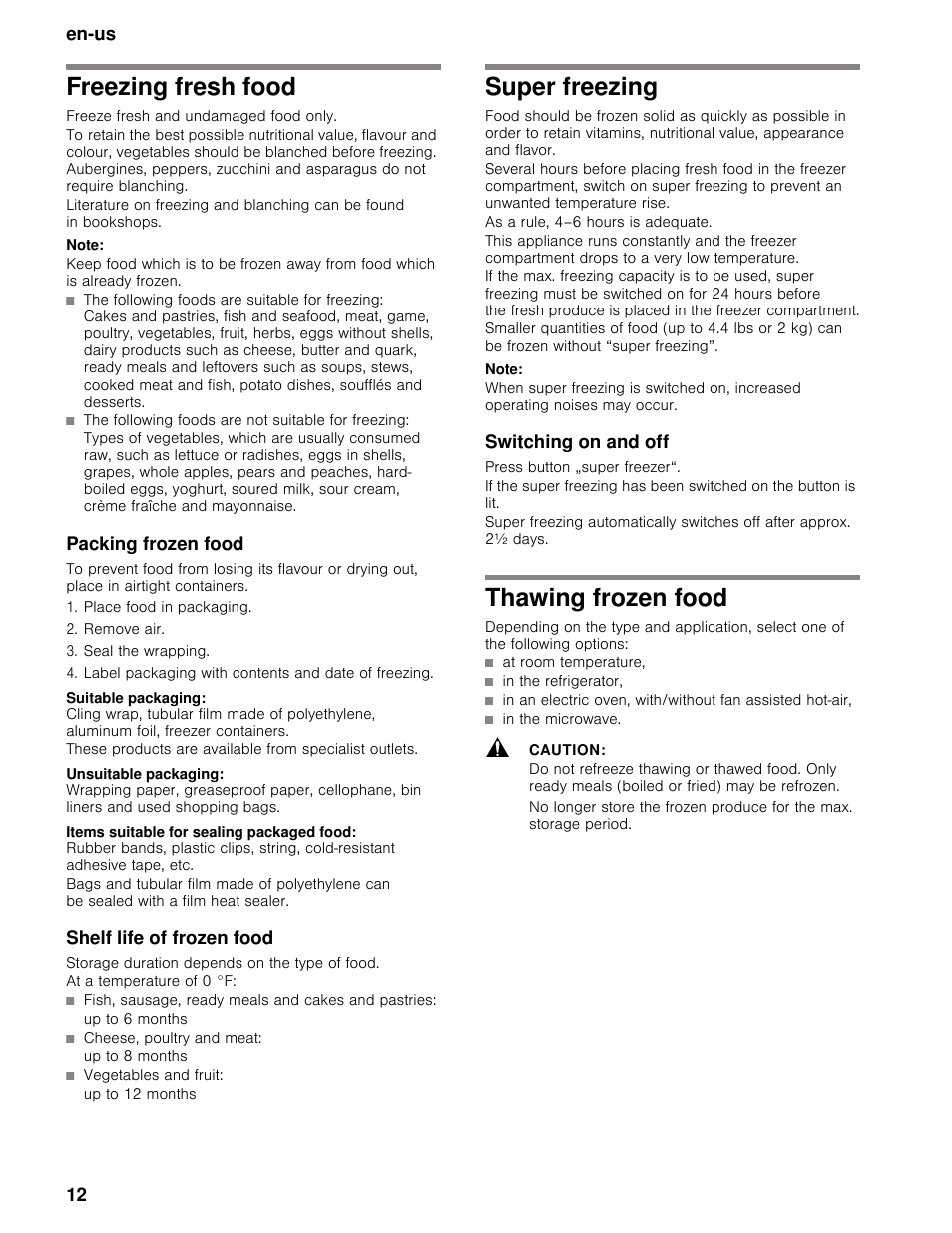 Freezing fresh food, Note, Packing frozen food | Place food in packaging, Remove air, Seal the wrapping, Label packaging with contents and date of freezing, Suitable packaging, Unsuitable packaging, Items suitable for sealing packaged food | Bosch B11CB50SSS User Manual | Page 12 / 55