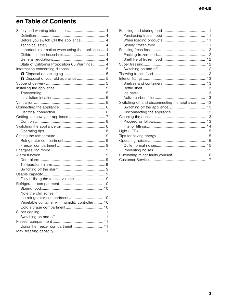 En table of contentsen operating instructions, En table of contents, En-us 3 | Bosch B11CB50SSS User Manual | Page 3 / 55