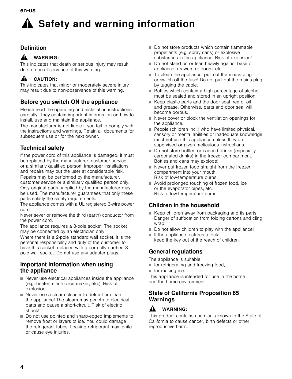 Safety and warning information, Definition, Warning | Caution, Before you switch on the appliance, Technical safety, Important information when using the appliance, Children in the household, General regulations, State of california proposition 65 warnings | Bosch B11CB50SSS User Manual | Page 4 / 55