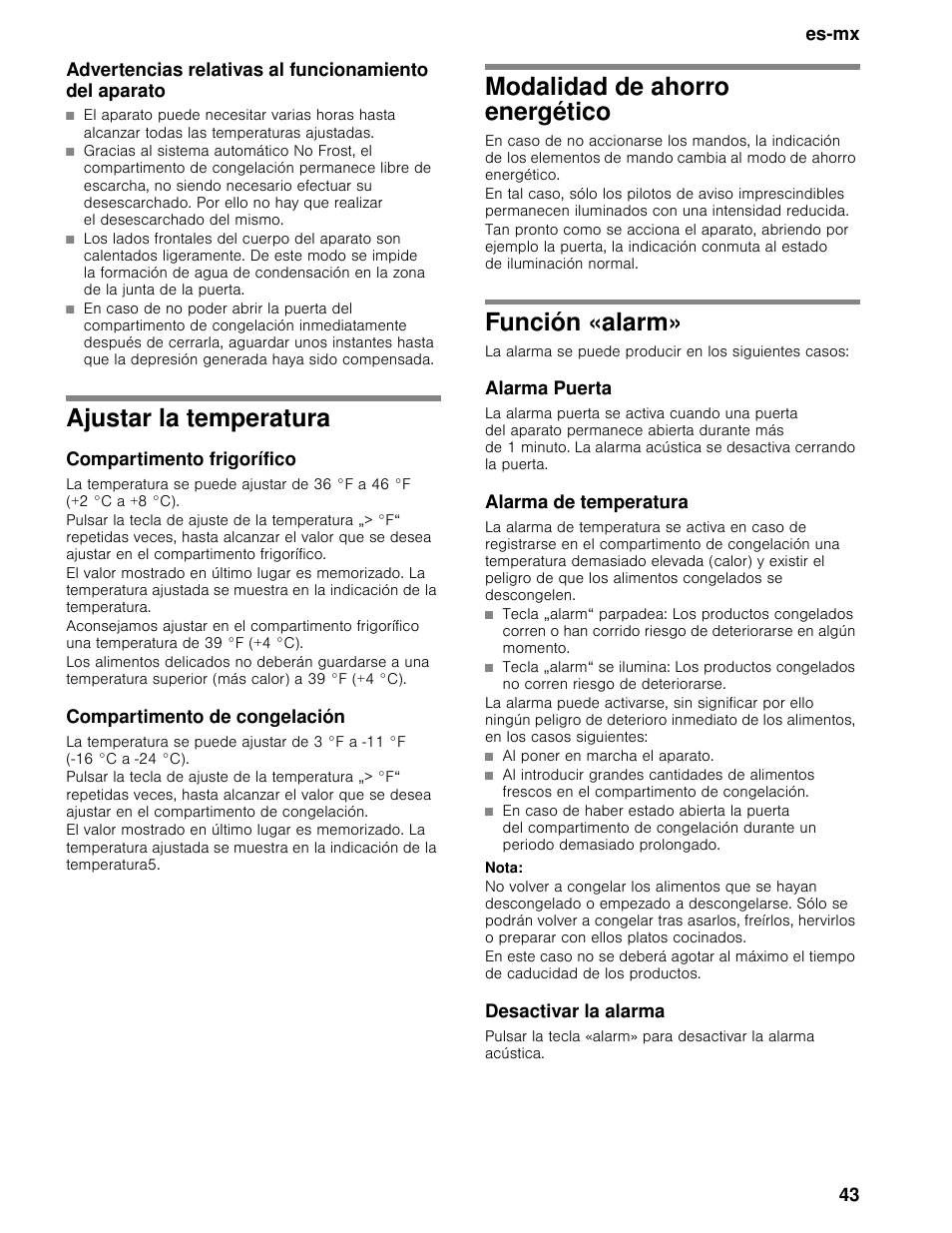 Ajustar la temperatura, Compartimento frigorífico, Compartimento de congelación | Modalidad de ahorro energético, Función «alarm, Alarma puerta, Alarma de temperatura, Nota, Desactivar la alarma, Del aparato | Bosch B11CB50SSS User Manual | Page 43 / 55
