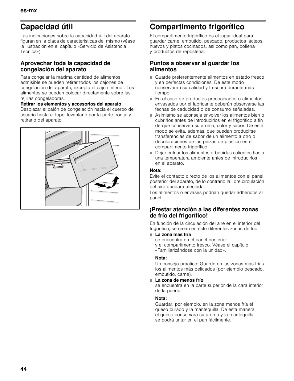 Capacidad útil, Compartimento frigorífico, Puntos a observar al guardar los alimentos | Nota, Es-mx 44 | Bosch B11CB50SSS User Manual | Page 44 / 55