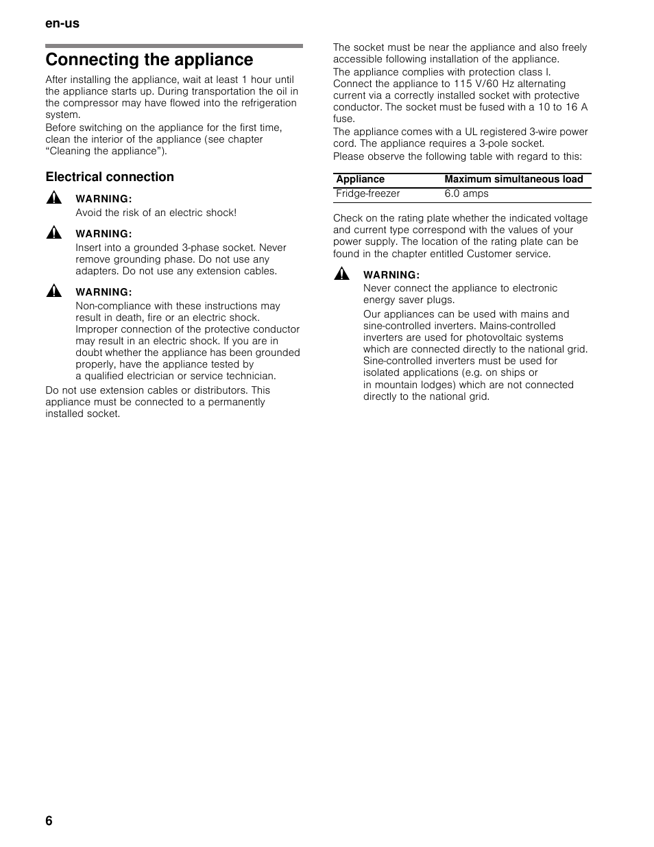 Connecting the appliance, Electrical connection, Warning | Avoid the risk of an electric shock | Bosch B11CB50SSS User Manual | Page 6 / 55