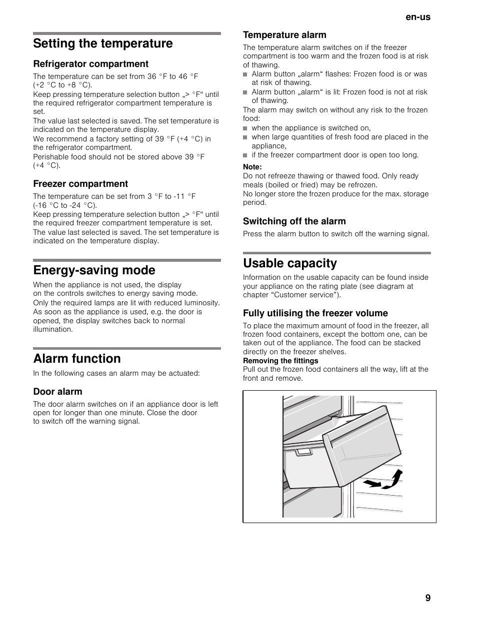 Setting the temperature, Refrigerator compartment, Freezer compartment | Energy-saving mode, Alarm function, Door alarm, Temperature alarm, Note, Switching off the alarm, Usable capacity | Bosch B11CB50SSS User Manual | Page 9 / 55