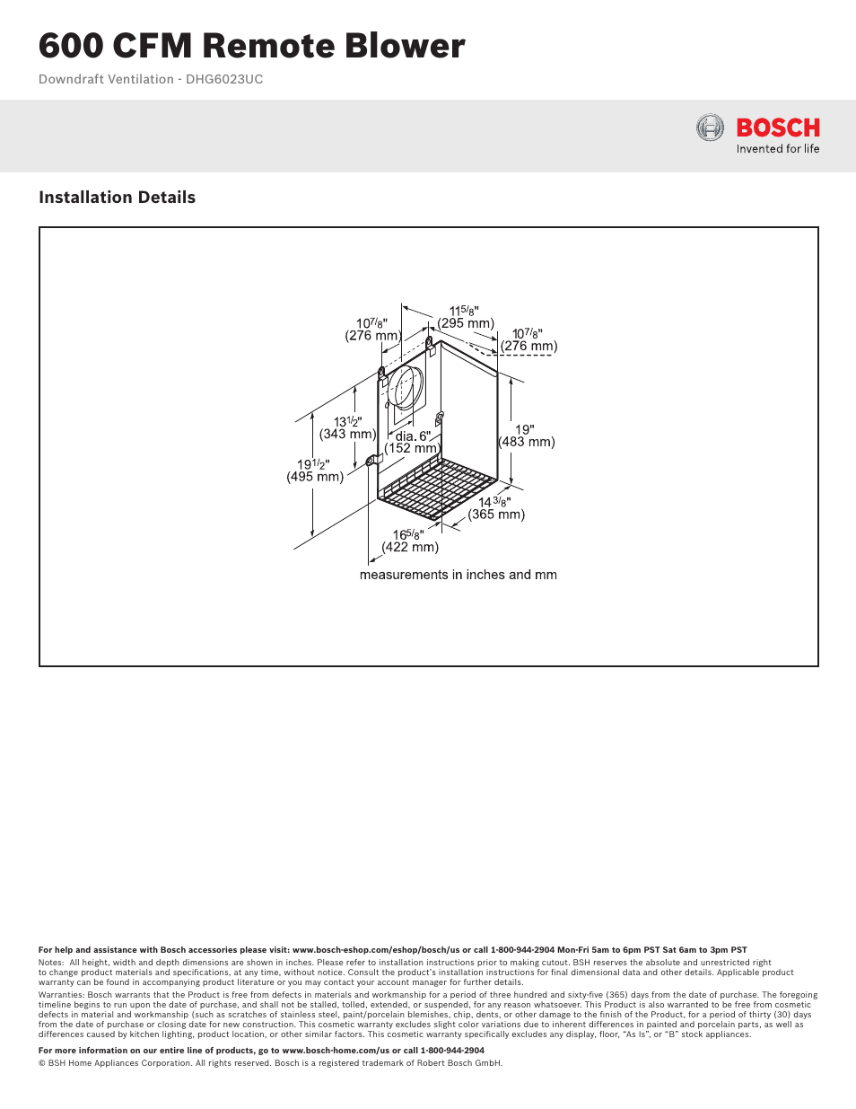 600 cfm remote blower, Installation details | Bosch 600 CFM DHG6023UC User Manual | Page 2 / 2