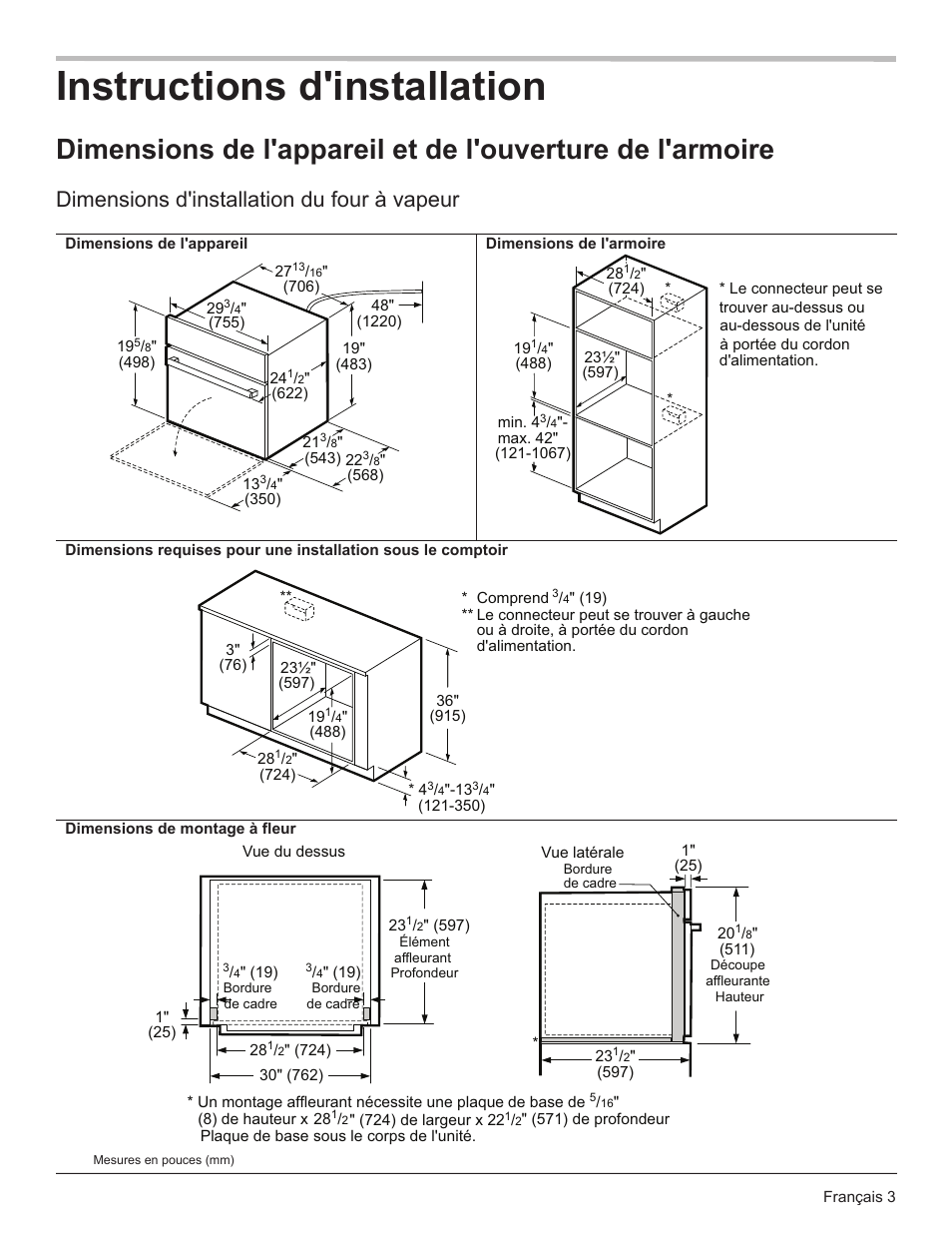 Instructions d'installation, Dimensions d'installation du four à vapeur | Bosch HSLP451UC User Manual | Page 13 / 26