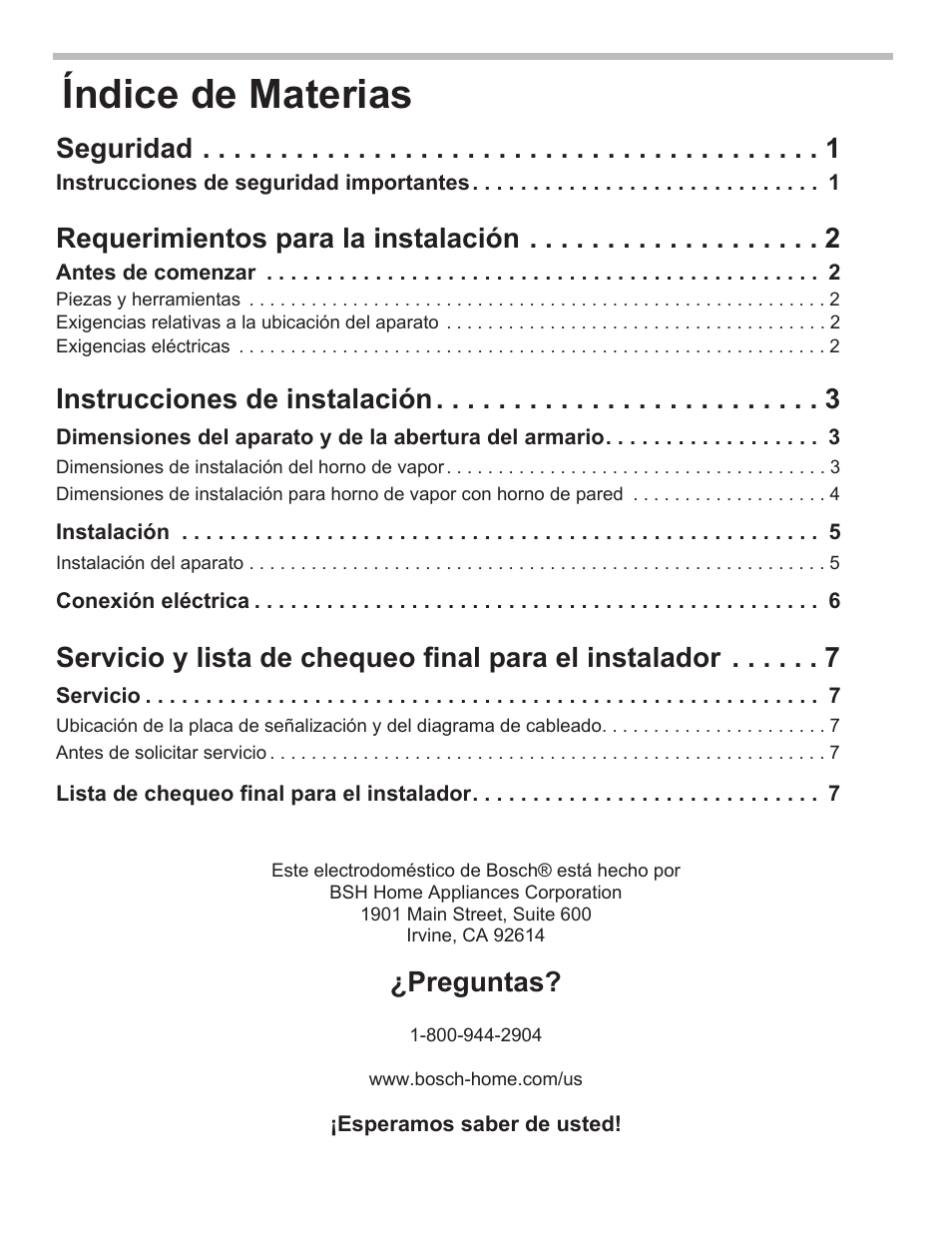 Índice de materias, Preguntas, Seguridad | Requerimientos para la instalación, Instrucciones de instalación | Bosch HSLP451UC User Manual | Page 18 / 26