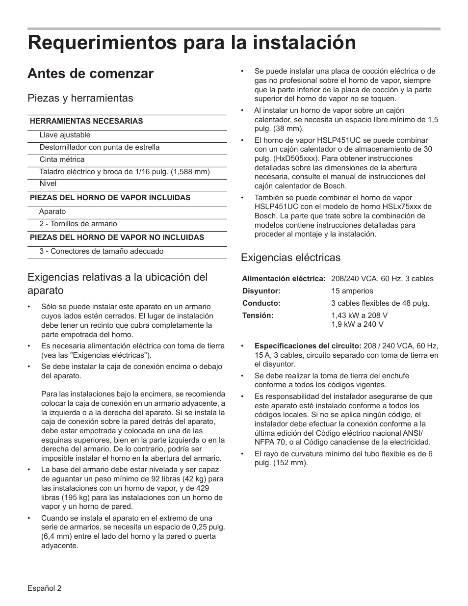 Requerimientos para la instalación, Antes de comenzar, Piezas y herramientas | Exigencias relativas a la ubicación del aparato, Exigencias eléctricas | Bosch HSLP451UC User Manual | Page 20 / 26